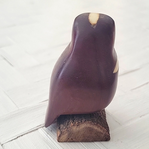 Hand Carved Wooden Owl Sitting on a Log with Inlayed Eyes Wing and Top of Head - Picture 4 of 10